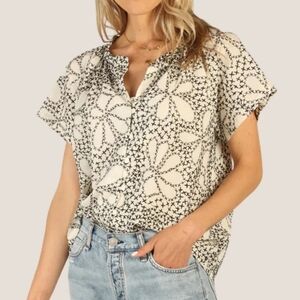 Dylan Embroidered Women's Black and Ivory Patterned Boho Resort Vacation Top